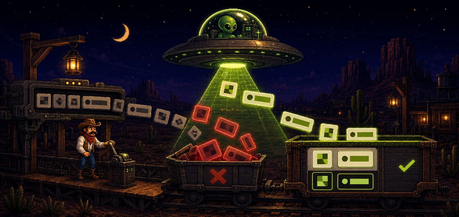 Pixel-art alien scanning website images, rejecting bad matches, and keeping a matching icon and wide logo
